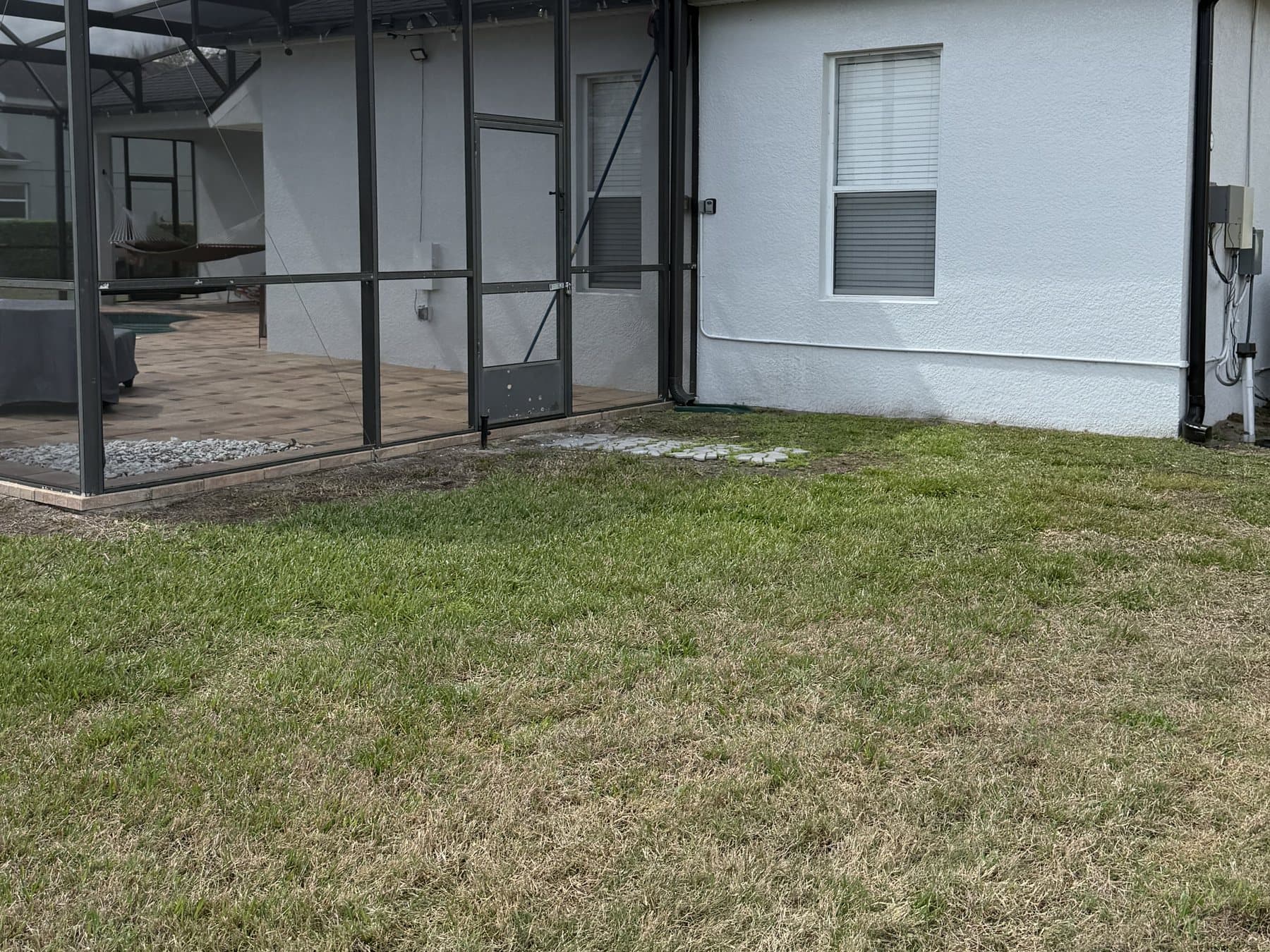 Before work: lawn running straight to the house wall at the corner of the pool enclosure, a few stepping stones leading to the lanai door
