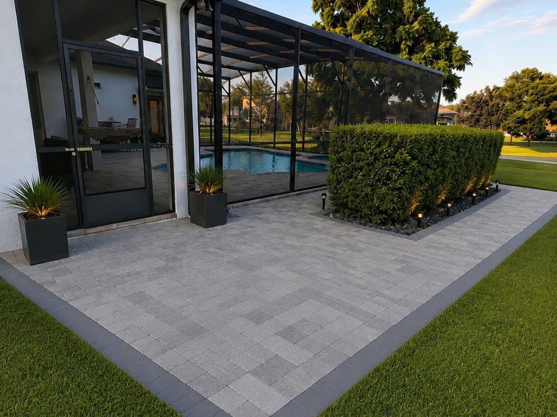 3D rendering of the proposed patio: grey pavers with a charcoal border beside the enclosure, the hedge in a lit rock bed, planters at the lanai door